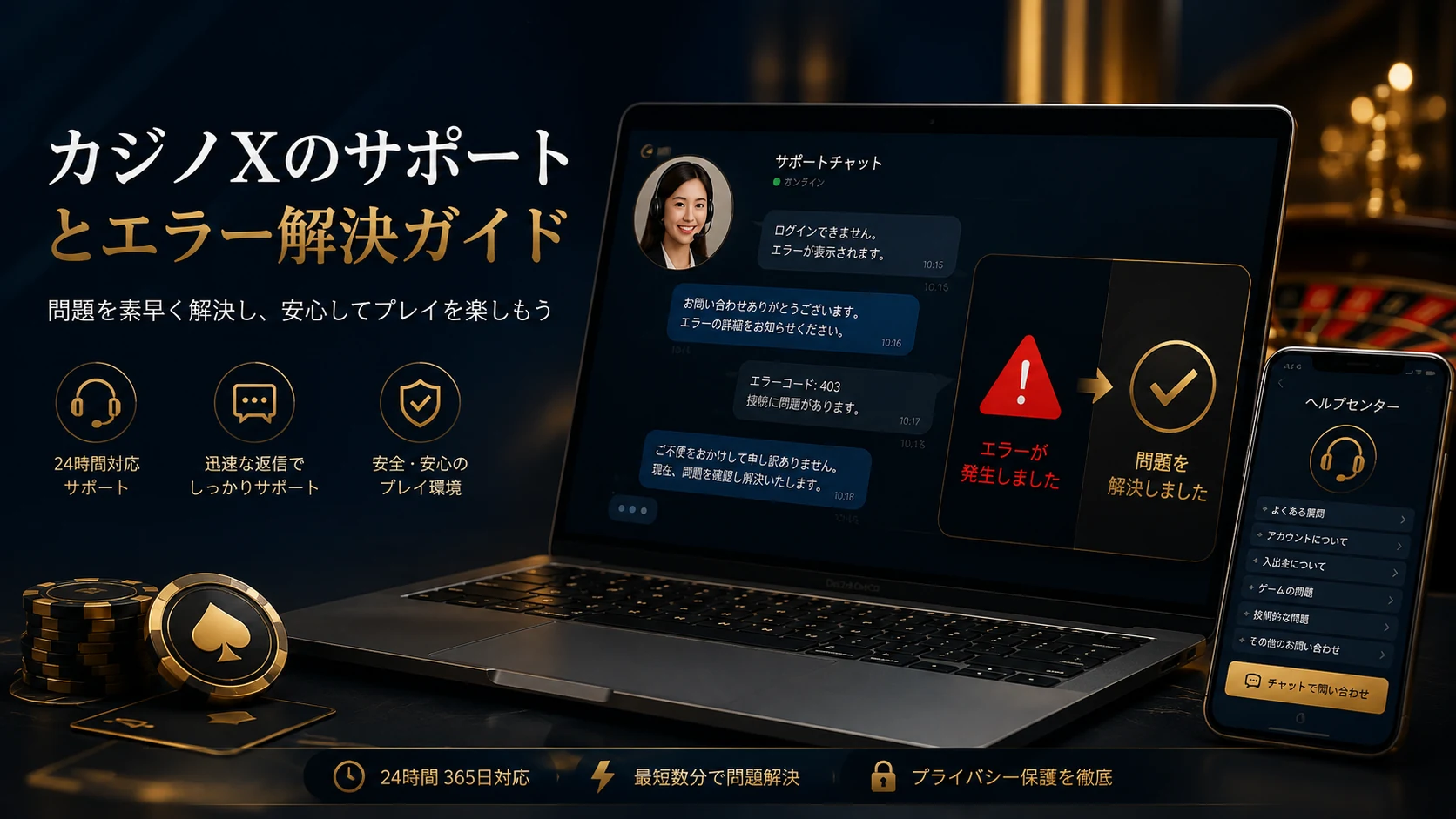 CASINO-Xのサポートとエラー解決ガイドをイメージしたオリジナル画像