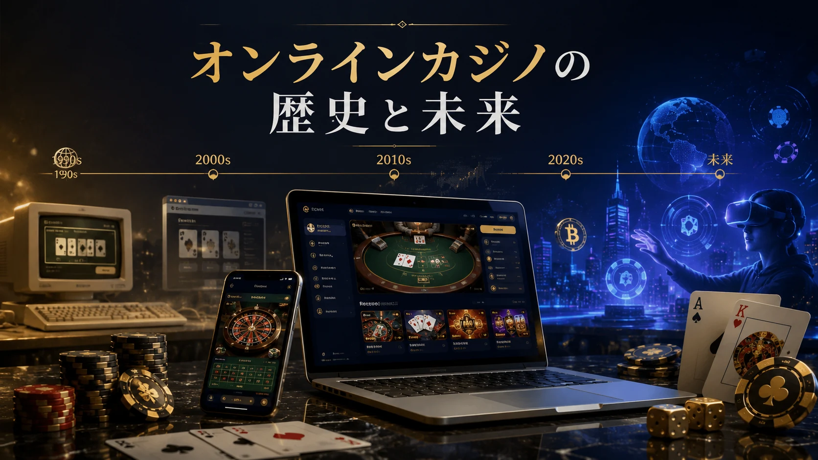 オンラインカジノの歴史と未来をイメージしたオリジナル画像