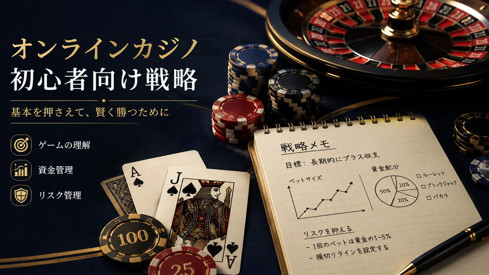 オンラインカジノの初心者向け戦略をイメージしたオリジナル画像